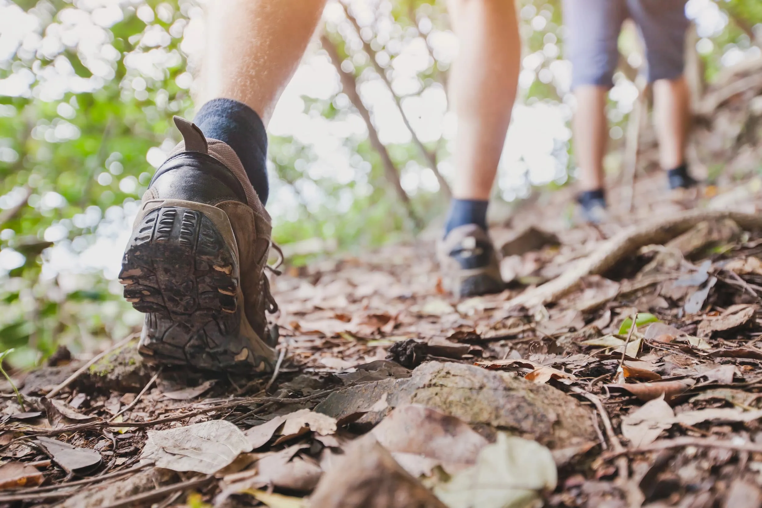 Pieds de randonneurs sur un chemin de randonnée.